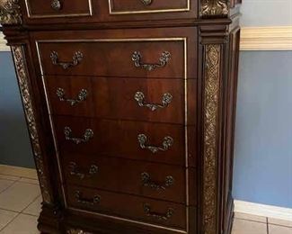 Queen Bedroom Suite including pair of Nightstands, Queen Bed frame, Dresser with Mirror, and chest of drawers