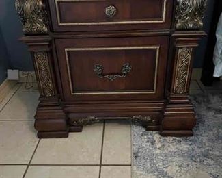 Queen Bedroom Suite including pair of Nightstands, Queen Bed frame, Dresser with Mirror, and chest of drawers