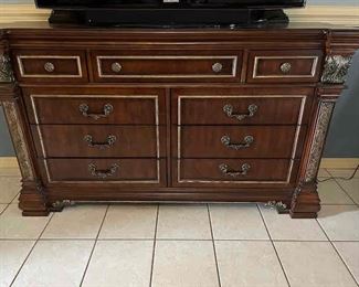 Queen Bedroom Suite including pair of Nightstands, Queen Bed frame, Dresser with Mirror, and chest of drawers