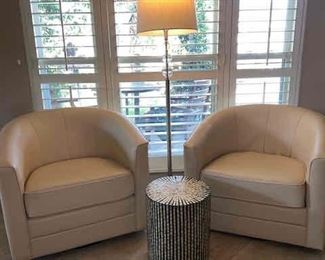 Pair of Barrel  Club Chairs , Floor Lamp, round accent table with inset capiz shell