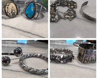 Sterling Bracelets and cuffs ( upper right unmarked pieces) 