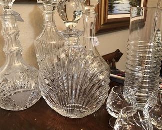 LOTS of vintage cut crystal and glass barware and decanters (Waterford, Rosenthal Linear Smoke, Thersienthal, Echt Bleikristall and more)