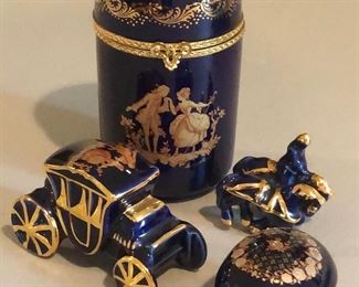 Limoges France cobalt blue trinket boxes and figurines