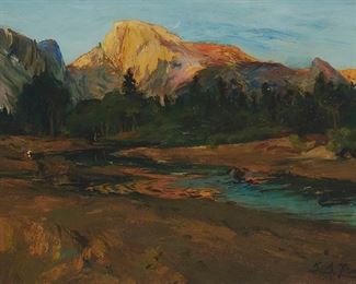 1002
Karl Yens
1868-1945
"Time Of Recollection (Half Dome In Yosemite Valley)," 1919
Oil on panel
Signed and dated lower right: Karl Yens; signed again, titled, and dated verso
10" H x 14" W
Estimate: $500 - $700