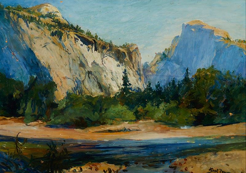 1001
Karl Yens
1868-1945
"Monuments Of Nature, Yosemite Canyon," 1919
Oil on panel
Signed and dated lower right: Karl Yens; signed and dated again and titled verso
10" H x 14" W
Estimate: $500 - $700