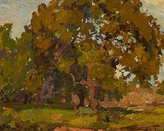 1005
Franz Arthur Bischoff
1864-1929
Oak Tree
Oil on canvas tipped to artist board
Signed lower right: F.A. Bischoff
8" H x 10" W
Estimate: $1,000 - $2,000
