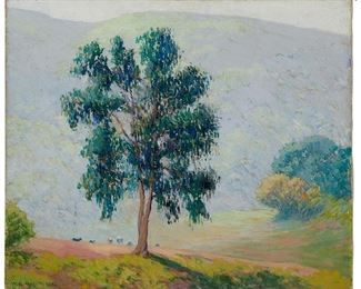 1008
William Alexander Griffith
1866-1940
"Eucalyptus," 1921
Oil on canvas
Signed and dated lower left: W. A. Griffith; signed again and inscribed indistinctly, verso; titled on a paper label affixed to the stretcher, verso
20" H x 24" W
Estimate: $3,000 - $5,000