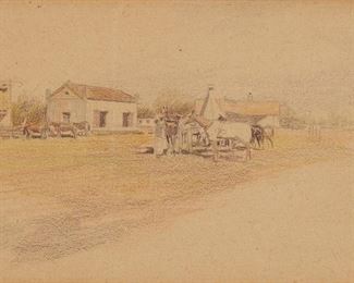 1016
Attributed To Edward Borein
1872-1945
Western Scene With Figure And Horses
Colored pencil on paper
Unsigned
Image/Sheet: 4.75" H x 7" W
Estimate: $600 - $800