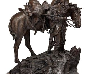 1015
Rusty Phelps
b. 1963
Elk Hunter, 1978
Patinated bronze on wood base
Edition: 12/15
Signed, dated, and numbered in the casting: Rusty Phelps © / 78 / 12-15
22.25" H x 19.5" W x 17.5" D; with base: 24.25" H x 20" W x 19" D
Estimate: $1,000 - $2,000