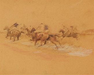 1017
Attributed To Edward Borein
1872-1945
Polo Scene
Colored pencil on paper
Unsigned; indistinctly inscribed and dated verso: Aug. 1926
Sight: 4.5" H x 7.25" W
Estimate: $600 - $800