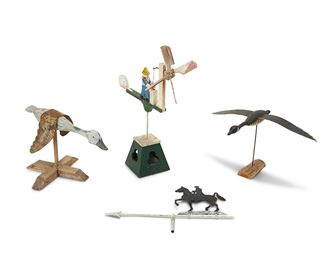 1023
20th century
A Group Of American Folk Art Weathervanes
Each a reproduction folk art weathervane, comprising one carved wood black flying goose with metal wings, one carved wood white flying goose with metal wings, a carved wood Danish-style figure with windmill, and a metal horse with rider, 4 pieces
Larger: 36" H x 22" W x 9" D; smaller: 19" H x 28.5" W x 1" D
Estimate: $400 - $600
