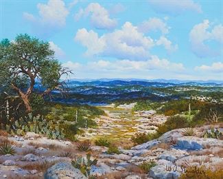 1033
William Slaughter
1923-2003
"Cactus In Bloom"
Oil on canvas
Signed lower right: W.A. Slaughter; titled and inscribed in blue pen on a flashcard affixed to the frame: Purchased 1987
16" H x 20" W
Estimate: $2,500 - $3,500