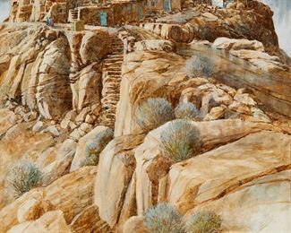 1032
Gerald Brommer
b. 1927
"WALPI" Or "After The Storm," 2013
Acrylic and collage on canvas
Signed lower right: G.F. Brommer; signed again, titled, and dated on a label affixed to the frame's backing paper
48" H x 36" W
Estimate: $700 - $900