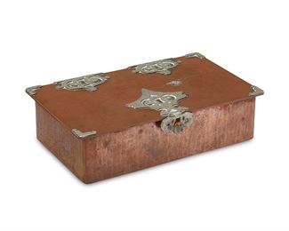 1041
Circa 1915-1977
A Dirk Van Erp Hammered Copper And Silver Box
Dirk Koperlager van Erp (1862–1933)
Marked to the underside for Dirk Van Erp / San Francisco / [windmill]
Hammered copper with applied decorative silver accents and wood interior
1.5" H x 5.5" W x 3.75" D
Estimate: $300 - $500