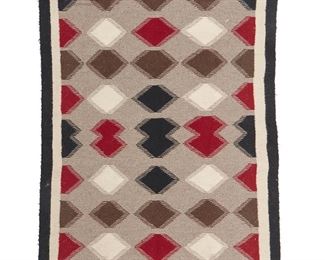 1059
Mid/late 20th century; Diné
A Navajo Regional Rug
Woven in grey, red, cream, and black wool with ten rows of multicolored diamonds and a black and white border
49" H x 54" W
Estimate: $300 - $500