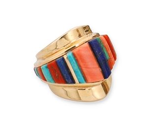 1061
Charles Loloma (1921-1991, Hopi)
A Hopi gold stone inlay ring, late 20th century
With incised mark for Charles Loloma; further etched: CXCXP / CL8 / 2
An 14k gold ring with multistone sculptural cobblestone inlay including lapis, turquoise and coral
Ring size: 6
16.2 grams gross
Estimate: $2,000 - $3,000