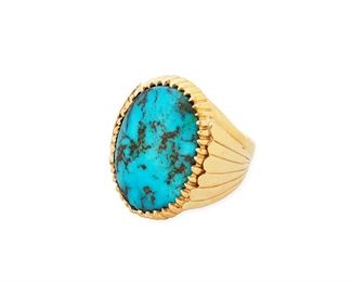 1062
20th/21st century
A Southwest 18k Gold And Turquoise Ring
Stamped: 18K / C [indistinctly marked, likely for Chris Beyuka, Zuni)
A chunky 18k yellow gold ring with a central claw bezel set turquoise stone
Ring size: 9.25
28.1 grams gross
Estimate: $700 - $900