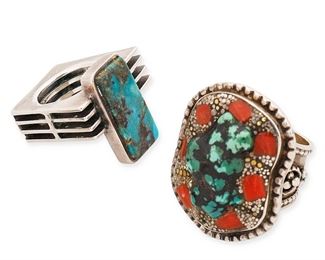 1065
Late 20th/21st century
Two Southwest-Style Stone Set Rings
One stamped: [zig-zag pictograph] / Sterling
Comprising a sterling silver and set turquoise modernist style trapezoidal ring with grill effect band (ring size: 5.5), and a chunky silver ring with central turquoise-colored stone and coral and with applied silver accents (ring size: 8.25), 2 pieces
44.4 grams gross
Estimate: $200 - $300