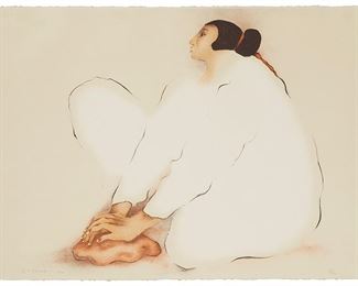 1067
R.C. Gorman
1932-2005
"Pueblo Potter," 1978
Lithograph in colors on paper
Edition: 69/100, State 1
Signed and dated lower left: R.C. Gorman; with two unidentified blindstamps lower left and right; Orgin Press, prntr. and pub.
Image/Sheet: 22" H x 30" W
Estimate: $800 - $1,200