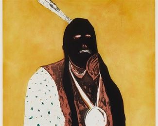 1068
Fritz Scholder
1937-2005
"Indian Portrait In Roma," 1978
Etching and aquatint in colors on paper
Edition: 43/90
Signed and numbered in pencil in the lower margin: Scholder
Plate: 47.25" H x 38.75" W; Sight: 50" H x 40.5" W
Estimate: $3,000 - $5,000