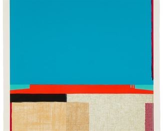 1070
Dan Namingha
"West Of Hopi"
Lithograph in colors on wove paper
Edition: A.P.
Signed, titled, and inscribed A.P. in pencil along the lower margin: Dan Namingha; Naravisa Press, Santa Fe, NM, and with their blindstamp in the lower left margin
Image: 31" H x 23" W; Sheet: 33" H x 25" W
Estimate: $600 - $800