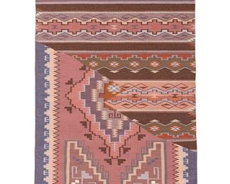 1077
Eddie Bonnie (B. 20th Century, Diné)
A Navajo Burntwater/Wide Ruins tapestry weaving, mid/late 20th century
Finely woven in pinks, blues, oranges, browns, greens, and purple wool in a textile weave with a diagonal motif shift, with half featuring a stepped diamond motif and half featuring Wide Ruins style banding
36" H x 23.5" W
Estimate: $400 - $600