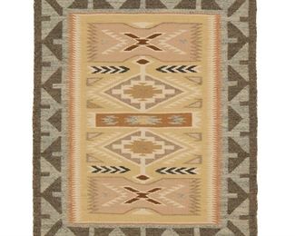 1079
Laverne Van Winkle Tacheney (B. 1963, Diné)
A framed Navajo Burntwater textile, late 20th century
Woven in grey, light grey, and pale yellow, brown and pink wool in a Teec Nos Pos style with a complex border, mounted within a window opening with a custom cut geometric banded mat frame
Textile: 16.75" H x 12" W
Estimate: $200 - $400