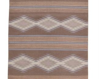 1081
Lorraine T. Harrison (B. 20th Century, Diné)
A Navajo Crystal style runner weaving, late 20th century
Woven in six bands of conjoined serrated diamonds in natural colors with blue and pink accents
94" H x 33.5" W
Estimate: $600 - $800