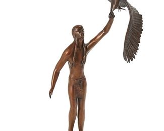 1085
Michael Naranjo
b. 1944, Santa Clara Pueblo-Tewa
Man With Bird, 21st Century
Patinated bronze with granite base
Edition: 2/10
Signed and numbered to the left heel: Naranjo ©; further marked for the foundry: Santa Fe Bronze
47" H x 25" W x 27" D
Estimate: $1,500 - $2,500