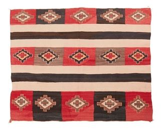 1091
Late 19th/early 20th century; Diné
A Navajo Chief-Style Variant Wearing Blanket
Woven in red, cream, dark brown and orange wool with bands of stepped diamonds alternating with solid bands
55.25" H x 68.5 " W
Estimate: $3,000 - $5,000
