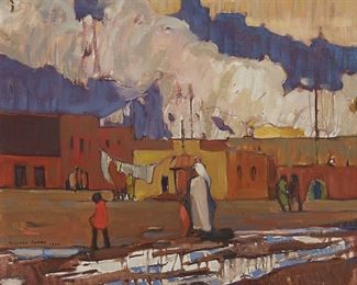 1096
Millard Sheets
1907-1989
"Street Scene," 1926
Oil on canvas
Signed and dated lower left: Millard Sheets
16" H x 19" W
Estimate: $6,000 - $8,000