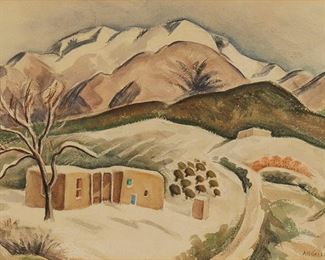 1097
Anna Katharine Skeele
1896-1963
Adobe Pueblo In The Snow
Watercolor on paper
Signed lower right: A.K. Skeele
Sight: 15.5" H x 20.75" W
Estimate: $700 - $900