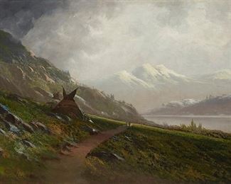 1098
Ransom Gillet Holdredge
1836-1899
"Indian Encampment In The Sierras," Circa 1890
Oil on canvas laid to canvas
Appears unsigned; titled and dated on a label affixed to the frame, verso
30" H x 51" W
Estimate: $3,000 - $5,000