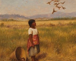 1099
Grace Carpenter Hudson
1865-1937
A Pomo Girl Looking Up At A Flock Of Birds, 1923
Oil on canvas
Signed and dated lower left: © G. Hudson; signed again, numbered, and inscribed verso: G. Hudson / 578 / Ukiah Cal
17" H x 14" W
Estimate: $15,000 - $20,000