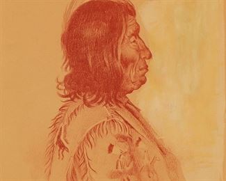 1100
Elbridge Ayer Burbank
1858-1949
"Chief Red Cloud, Sioux," 1899
Conte crayon on cream-colored paper
Signed and inscribed lower right: E.A. Burbank / Pine Ridge, S. Dak.; titled and dated upper right
Image/Sheet: 12" H x 10" W
Estimate: $800 - $1,200
