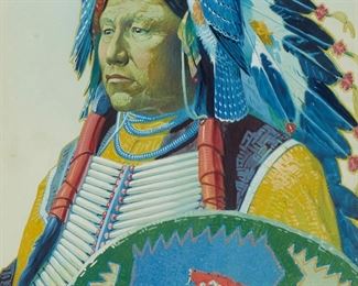 1101
Herbert Herget
1885-1950
Native American Chief
Gouache and watercolor on paper
Signed lower right: H. Herget
Sight: 17.5" H x 12" W
Estimate: $400 - $600