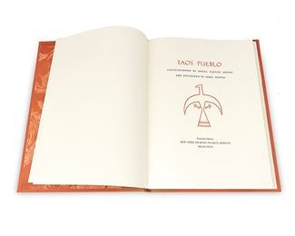 1104
Ansel Easton Adams
1902-1984
"Taos Pueblo," 1977
Adams, Ansel Easton (photographs); Austin, Mary (description). "Taos Pueblo," Boston: New York Graphic Society, 1977
Hardcover book
Facsimile Edition; first edition, first printing in this format
No. 208 of 950 copies, signed to publisher's colophon: Ansel Adams
The folio facsimile edition of Adams's book first published in 1930, limited to 108 copies, with original brick cloth and brown leather spine bound by Vincent Mullins, housed in a brick cloth slipcase, with 12 black and white photographs reproduced by George Waters and woodcut decorations by Valenti Angelo
With slipcase: 17.875" H x 13.25" W x 1.5" D
Estimate: $1,000 - $1,500