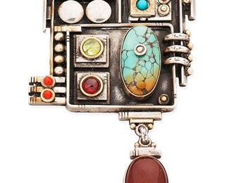 1109
L. Eugene Nelson (B. 1954, Diné)
A Navajo sterling silver stone-set abstract brooch/pendant, 21st century
Stamped: L.E. Nelson
An elaborate silver shadowbox "computer chip" brooch/pendant with set turquoise and various gemstones
2.625" H x 1.625" W
26.5 grams gross
Estimate: $400 - $600