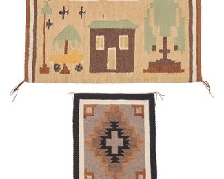 1113
Mid/late 20th century; Diné
Two Navajo Textiles
Two works:
Eva Barber (1940-2020; Diné)
A small Navajo Two Grey Hills weaving
A table mat woven in grey, brown, ochre, cream, and black wool with a central cross surrounded by a stepped diamond
18" H x 15" W
A Navajo pictorial weaving
Woven in ochre, brown, green, cream, and black wool featuring a central house flanked by trees, a truck, birds and clouds
17.5" H x 29.25" W
2 pieces
Estimate: $200 - $300