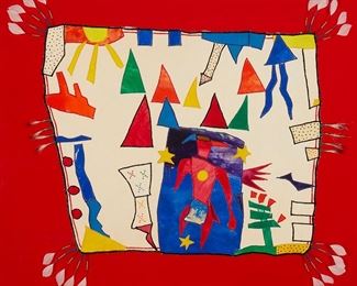 1121
Late 20th century
A Plains-Style Hide Collage
An abstract irregular shaped hide "painting" with painted and applied leather appliques with beadwork accents depicting a central warrior figure surrounded by mountains, sun, and other natural element motifs, with additional thread-wrapped feather accents to each corner and wrapped hair accents to the center side edges, all mounted to red backing fabric within a custom-made Plexiglas frame
16.5" H x 21" W approximately; feathers: 3" L
Estimate: $500 - $700