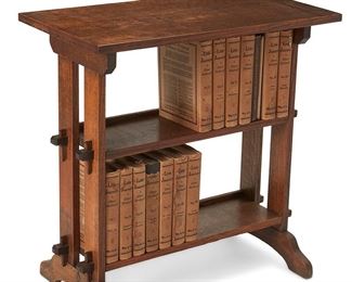 1134
Early 20th century; East Aurora, NY
A Roycroft "Little Journeys" Oak Bookcase With Books
Bookcase with Roycroft metal tag
The quarter sawn oak bookcase with keyed mortise and tenon joints and three shelves, sold together with thirteen Roycroft 1928 Memorial Edition "Little Journeys" hardcover books, the 1926 hardcover "Little Journeys Guide Book," and a signed 1902 suede bound softcover "Little Journeys: Eminent Artists" on Albert Thorvaldsen, 16 pieces
Bookcase: 26.25" H x 26.25" W x 14" D
Estimate: $800 - $1,200