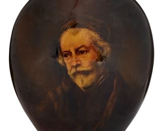 1137
1895
A Rookwood Pottery Vase, By William P. McDonald
Marked for Rookwood; further inscribed: 125 [pattern no.]/ W [white clay] / W.PMcD.
The ovoid pottery vase decorated by Wm. P. McDonald with a portrait of man
13.25" H x 10" W x 5" D
Estimate: $1,000 - $2,000