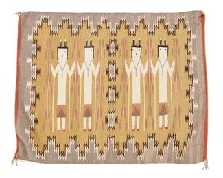 1141
Mid/late 20th century; Diné
A Navajo Burntwater Yei Textile
Woven by Marvelle DeBord in grey, yellow, cream, orange, pink, brown and black wool with four Yei dancers in two panels with complex serrated borders
28" H x 36" W
Estimate: $300 - $500