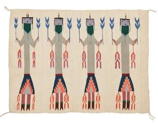 1142
Late 20th century; Diné
A Navajo Yei Textile
Woven in grey, green, purple, blue, orange, and cream wool with four Yei dancers
28.5" H x 36.5" W
Estimate: $200 - $400