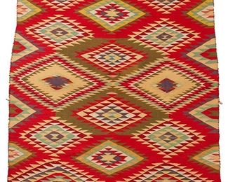 1143
Late 19th century; Diné
A Navajo Germantown Eyedazzler Textile
Finely woven in red, green, purple, and yellow multicolored wool with an overall eye dazzler diamond motif with pictorial arrows and striped bands to each end
52.5" H x 37-33.5 " W (variable)
Estimate: $1,000 - $2,000