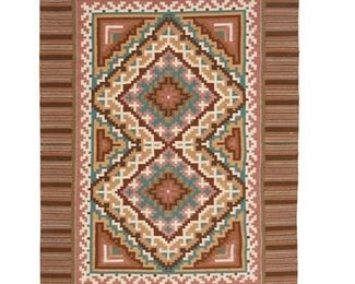 1146
Mid/late 20th century; Diné
A Navajo Burntwater Style Textile
Woven by N. Begay in pinks, greens and browns, with elaborate conjoined diamond motif set within a striped border, creating an optical effect
46" H x 32.5" W
Estimate: $600 - $800
