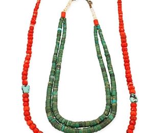 1154
Mid/late 20th century
Two Pueblo-Style Turquoise And Coral Bead Necklaces
Comprising a single strand necklace of red coral beads with turquoise nugget accents (22" L), together with a double strand turquoise disc bead choker necklace with coral and shell accent beads (15" L), 2 pieces
Estimate: $200 - $400