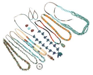1158
Late 20th century
A Group Of Southwest Jewelry
Each appears unmarked
Eleven works including eight Pueblo-style necklaces in various stones and colors including four necklaces with various sizes of turquoise nugget beads (26" L to 18" L), as well as three multicolored stone bead necklaces, one with a multistone inlay pendant (18" L to 16" L), a carved stone fetish bear necklace with blue/green stone beads (28" L), together with a narrow strand bracelet with turquoise, stone and shell disc beads (7.5" L), with a pair of similar style bead strand earrings (each: 3" H), and three additional carved stone bear fetish beads (each: 0.625" H), 14 pieces
Estimate: $300 - $500