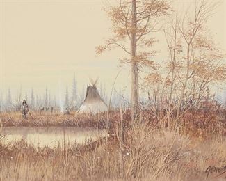 1159
Gene Speck
b. 1937
"Late Autumn"
Gouache on artist board
Signed lower right: Gene Speck; titled on a label affixed to the frame's backing paper
Sight: 7.125" H x 11.25" W
Estimate: $700 - $900