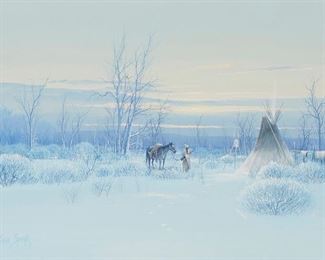 1160
Gene Speck
b. 1937
"The Hunter Returns"
Gouache on artist board
Signed lower left: Gene Speck; titled on a label affixed to the frame's backing paper
Sight: 7.25" H x 11.25" W
Estimate: $700 - $900